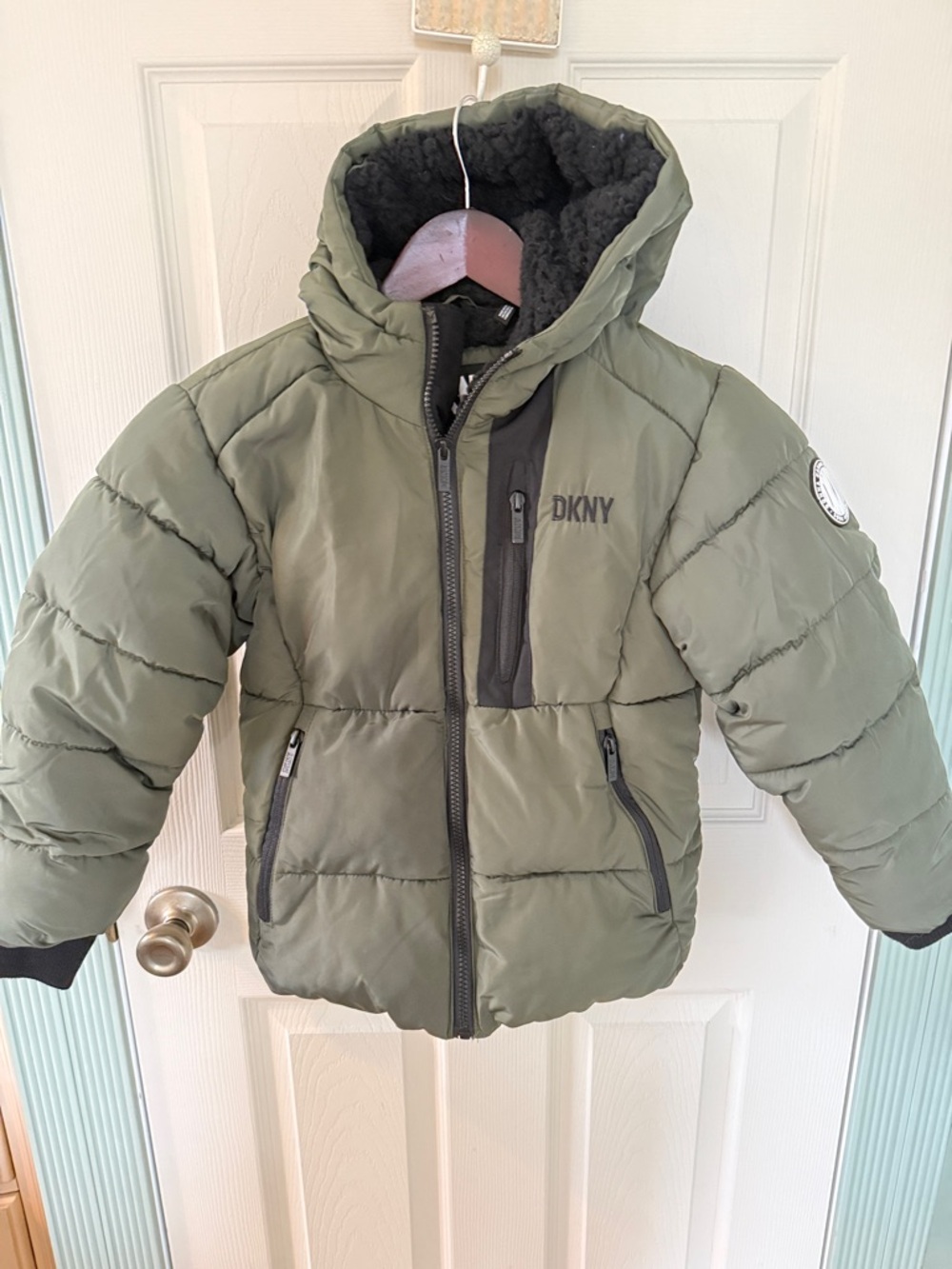 DKNY Olive Green Quilted Puffer Jacket with Hood, size 5-6